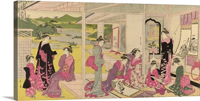 Women Viewing Scroll Paintings of the Gods of Good Fortune