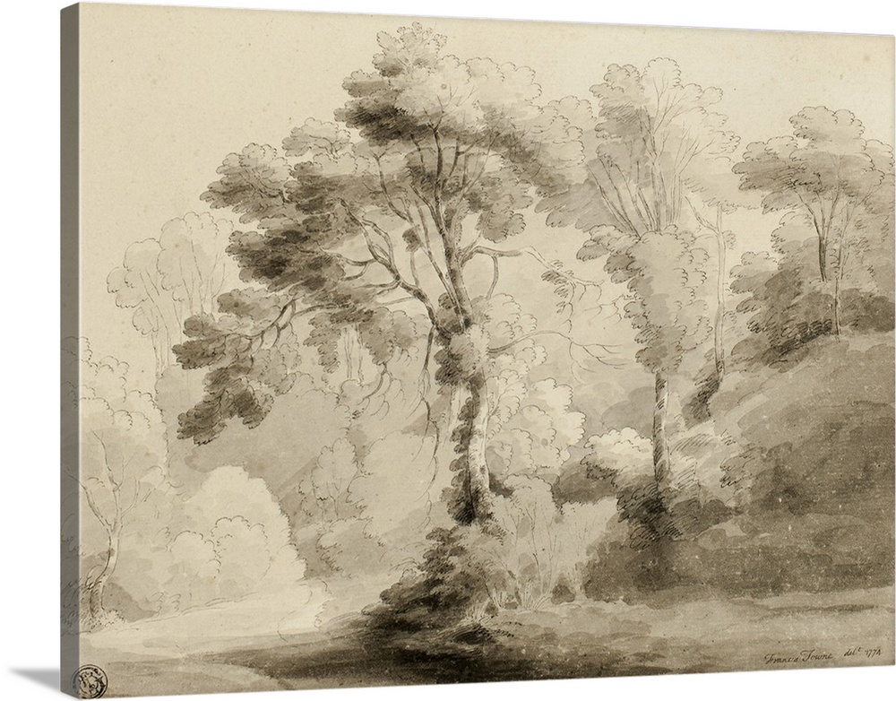 Wooded landscape, 1774, pen and black ink, with brush and grey wash, on cream laid paper, laid down on cream laid card.