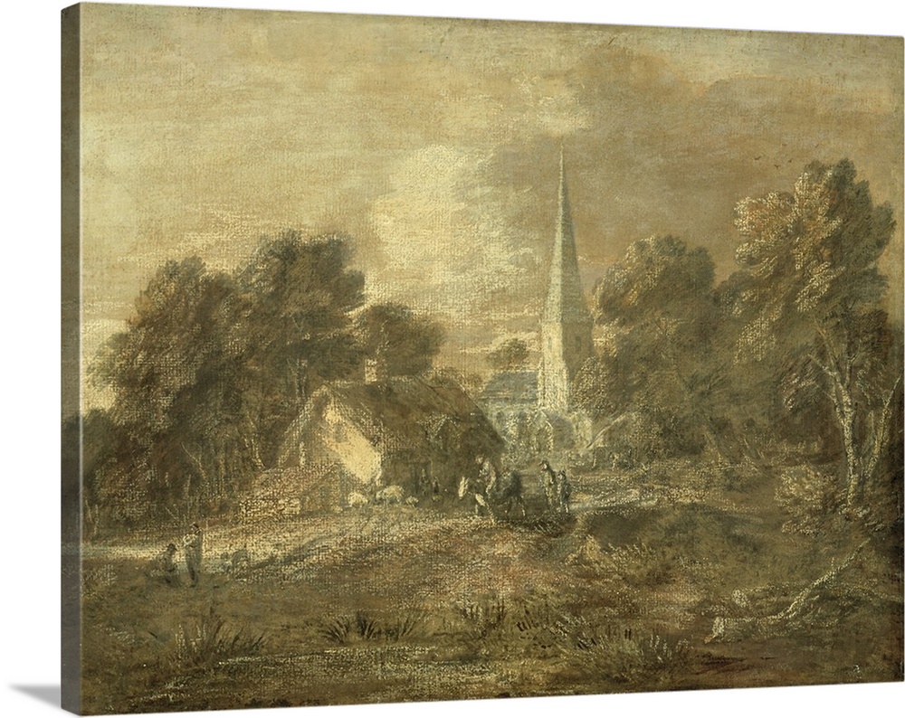 Wooded landscape with village scene, early 1770-72, gouache and chalk on paper.