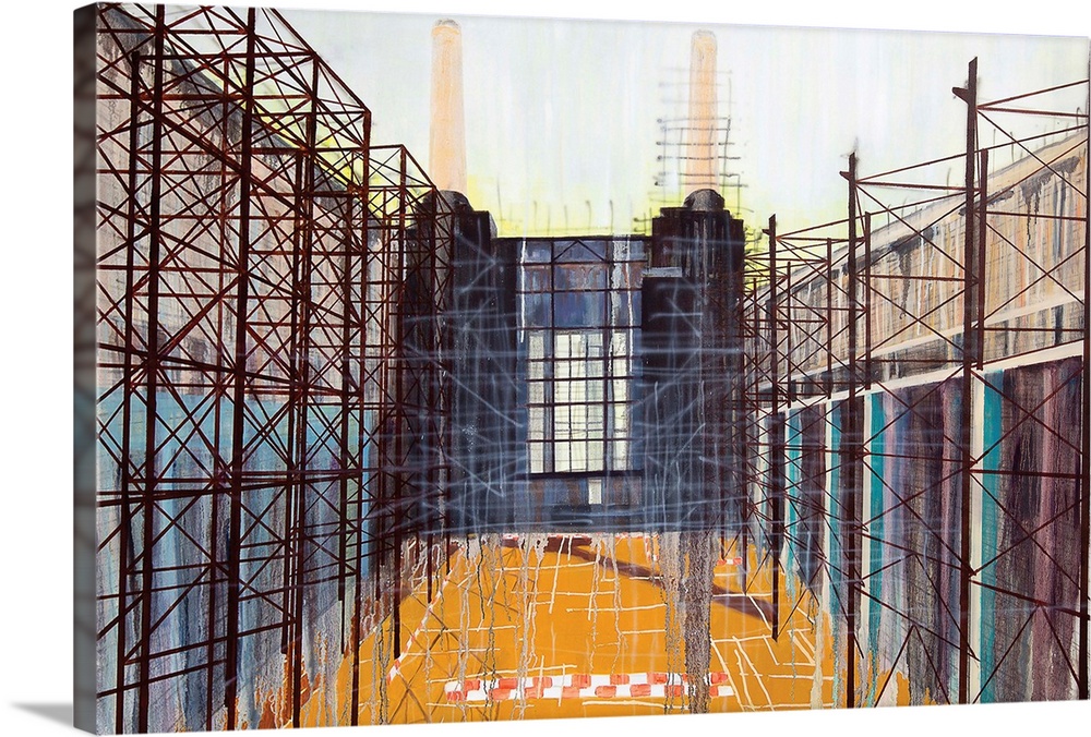 Contemporary painting of a building framework in progress of construction.