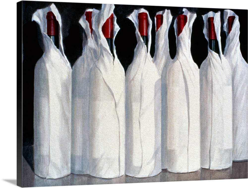 Horizontal, large artwork of eight wine bottles sitting closely together, wrapped in white paper, with the tops on each pe...