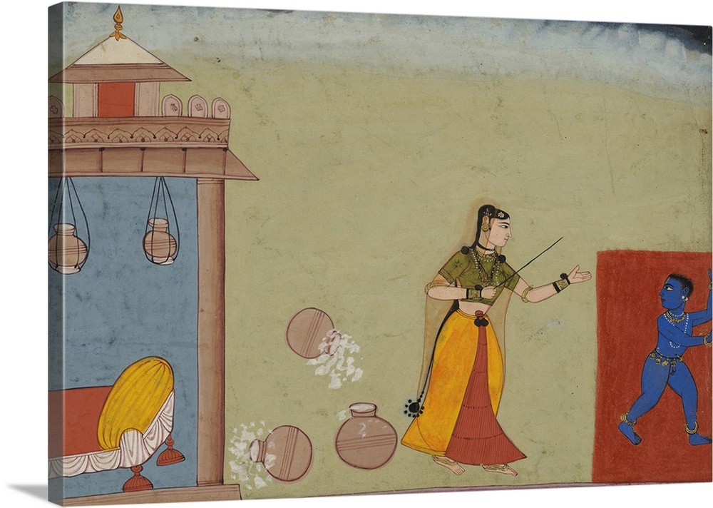 Yashoda Chastises Her Foster Son, the Youthful Krishna, page from a manuscript of the Bhagavata Purana, c.1600, opaque wat...