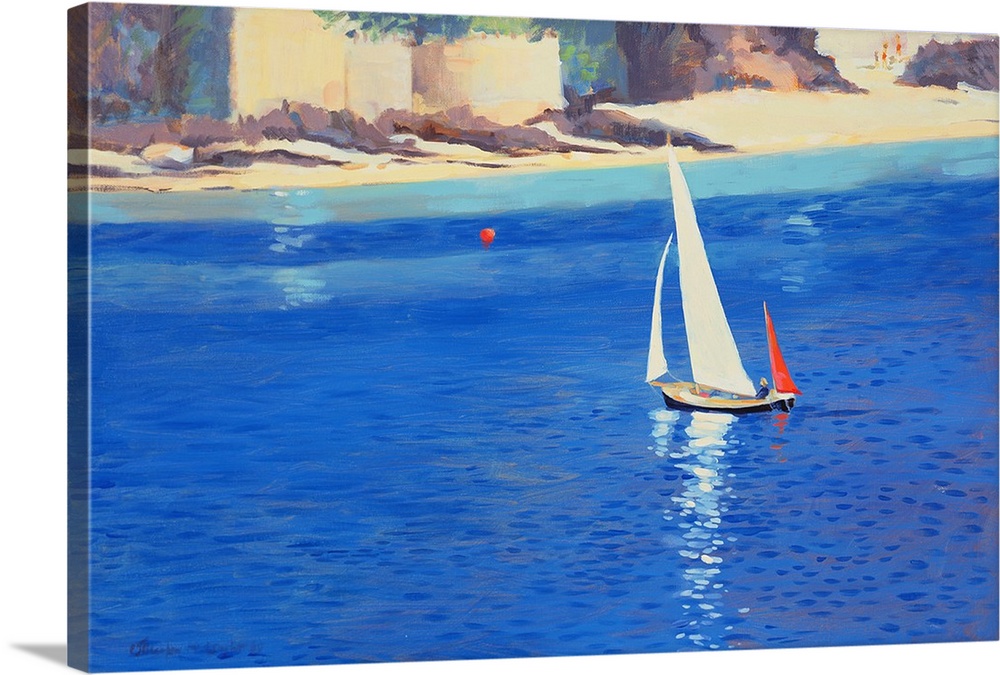 Contemporary painting of sailboats on the water off the English coast.