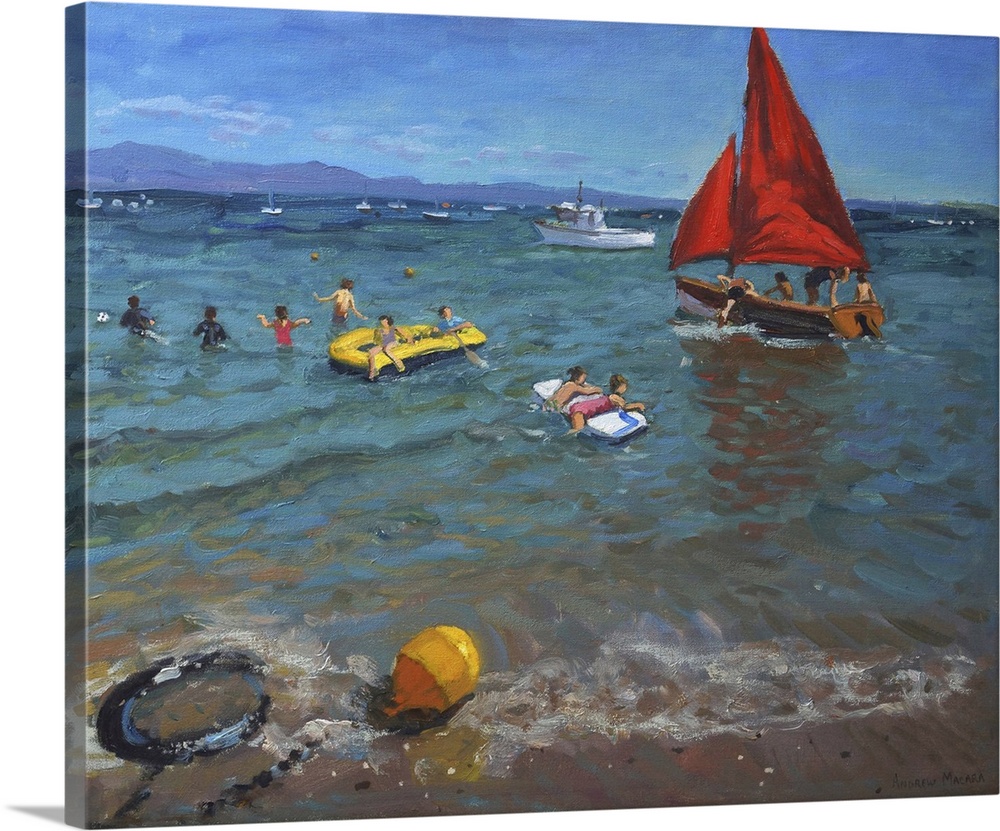 Contemporary painting of a sailboat in the water with people wading nearby.