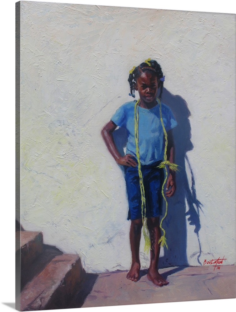 Contemporary painting of a girl with a yellow rope around her shoulders standing against a wall.