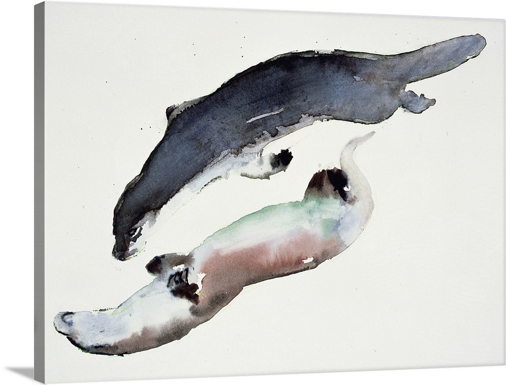 Contemporary wildlife painting of two river otters swimming.