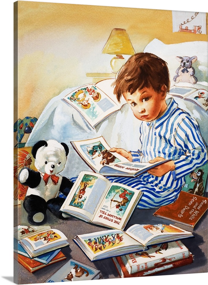 Young Boy reading story books.