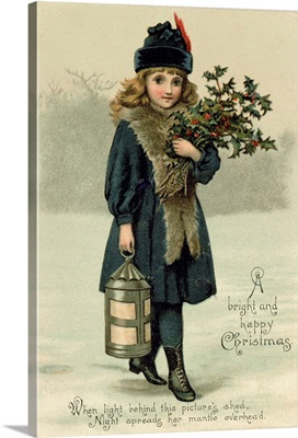 Young girl with Holly and Lantern, postcard