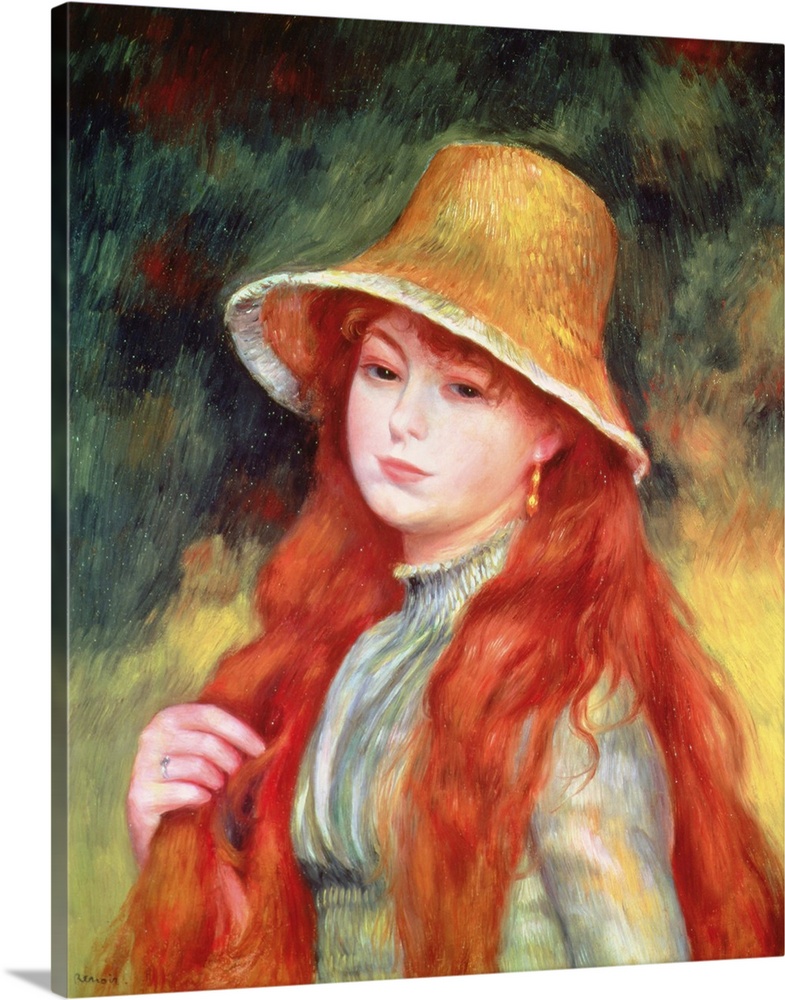 BAL76824 Young girl with long hair, or Young girl in a straw hat, 1884; by Renoir, Pierre Auguste (1841-1919); oil on canv...