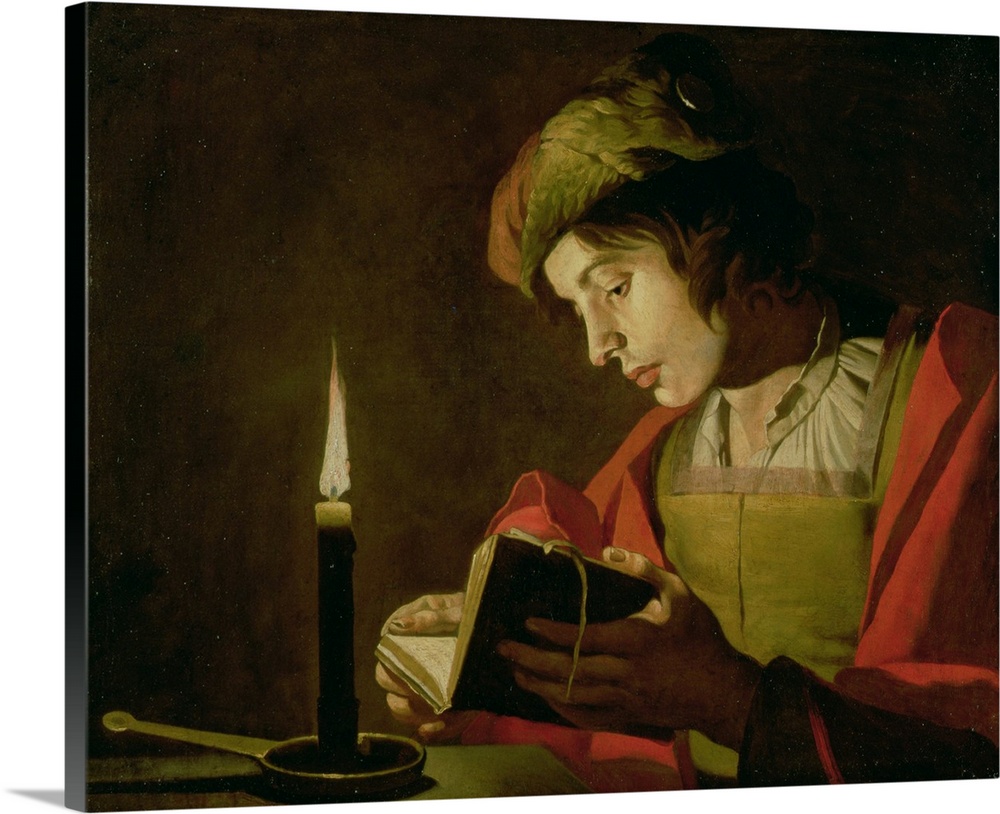 SNM128541 Young Man Reading by Candle Light (oil on canvas); by Stomer, (Stom) Matthias (c.1600-p.1650); 175x172 cm; . Nat...