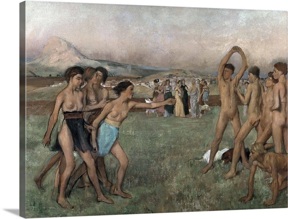 Horizontal classic art painting of groups of Spartans in the nude, exercising in a large field, with a mountain in the bac...