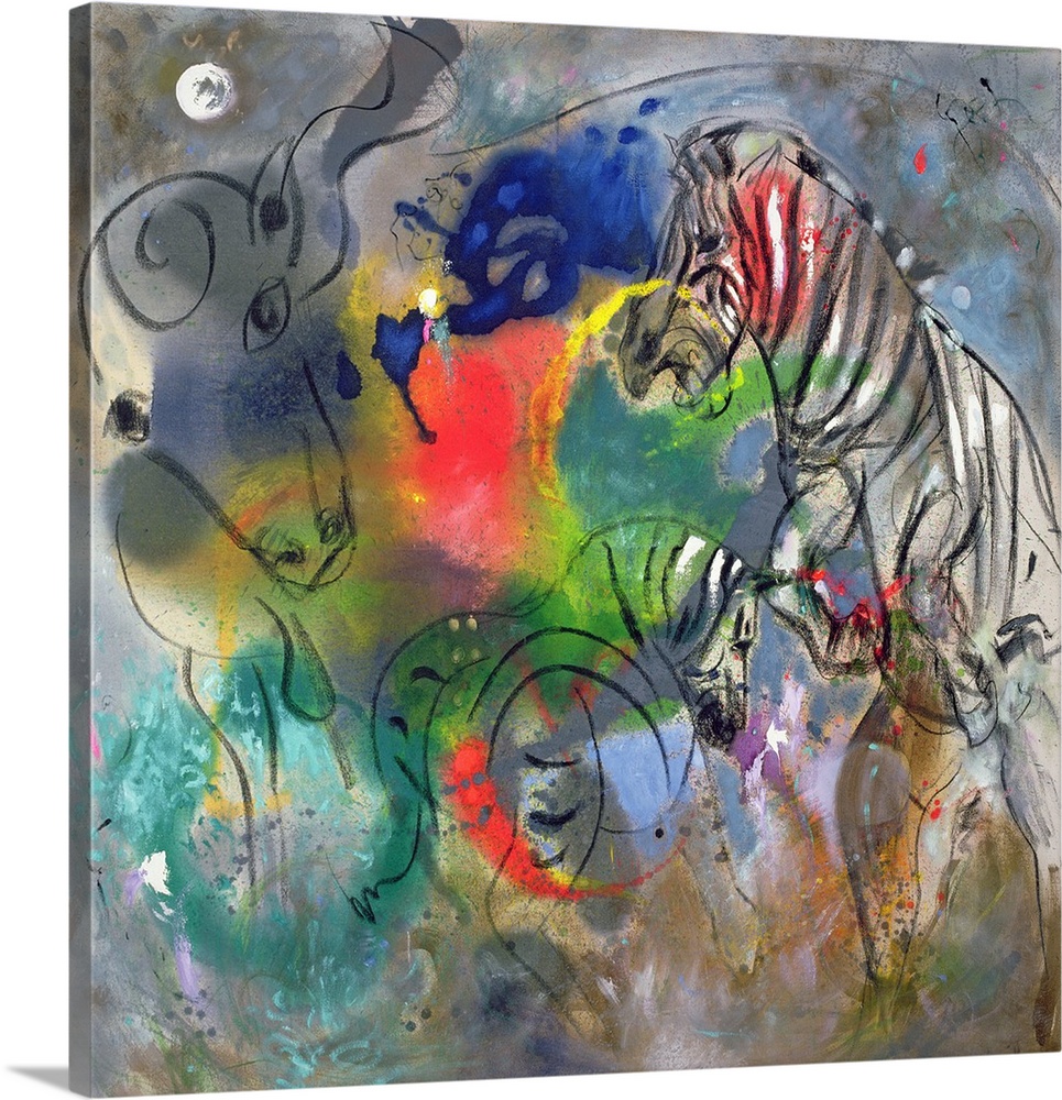 Contemporary abstract painting of wild zebras.