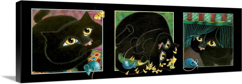 Panoramic painting that has three square with a black cat and blue mouse in each.