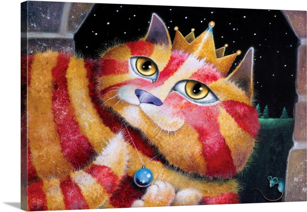 Painting of a gold and red striped cat wearing a crown and blue necklace.