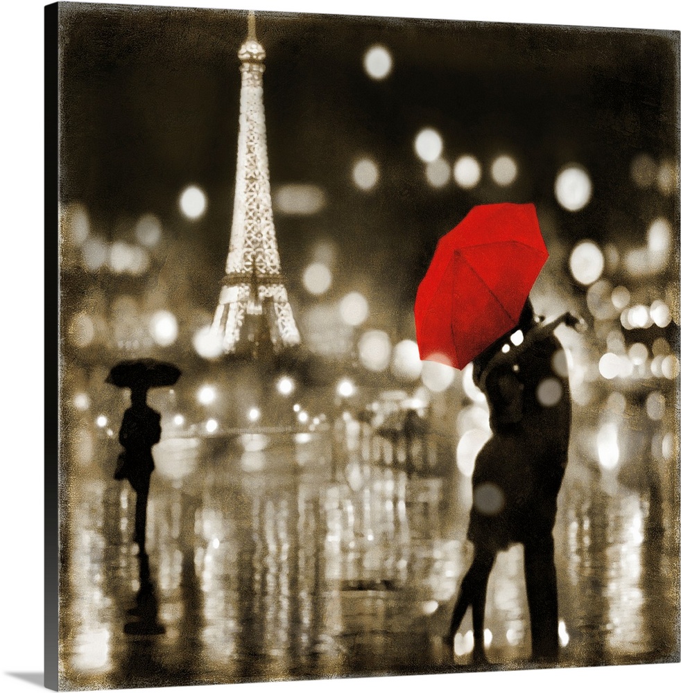 Square art with a couple kissing under a red umbrella and the Eiffel Tower lit up in the background.