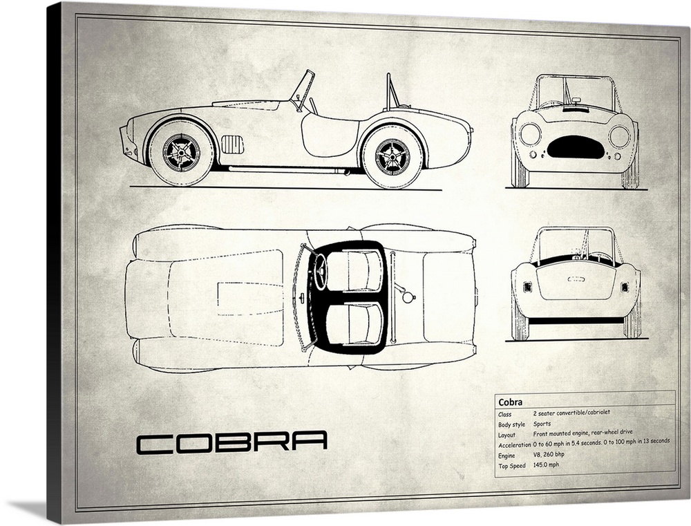 Antique style blueprint diagram of an AC Cobra printed on a weathered white and gray background.