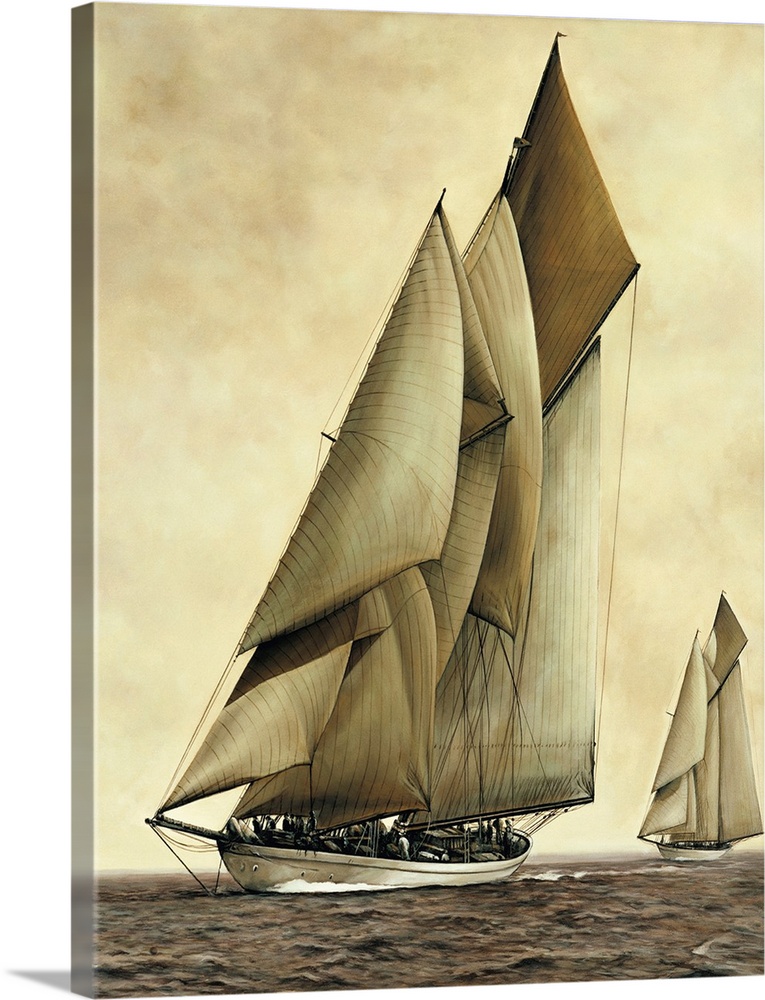 Contemporary painting of two sailboats in the middle of the ocean with sepia tones.