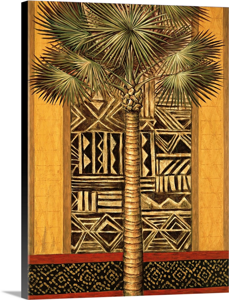 African inspired decor with a palm tree in font of a designed wall in gold, brown, and red tones.