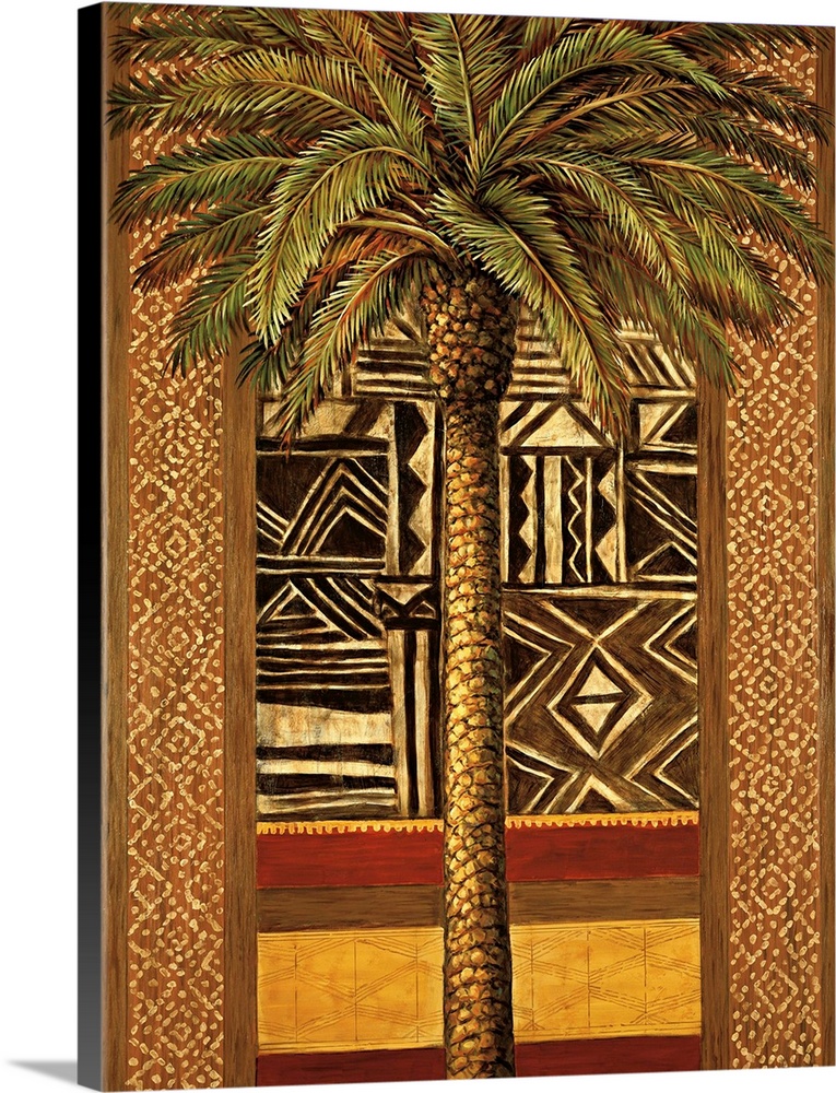 African inspired decor with a palm tree in font of a designed wall in gold, brown, and red tones.