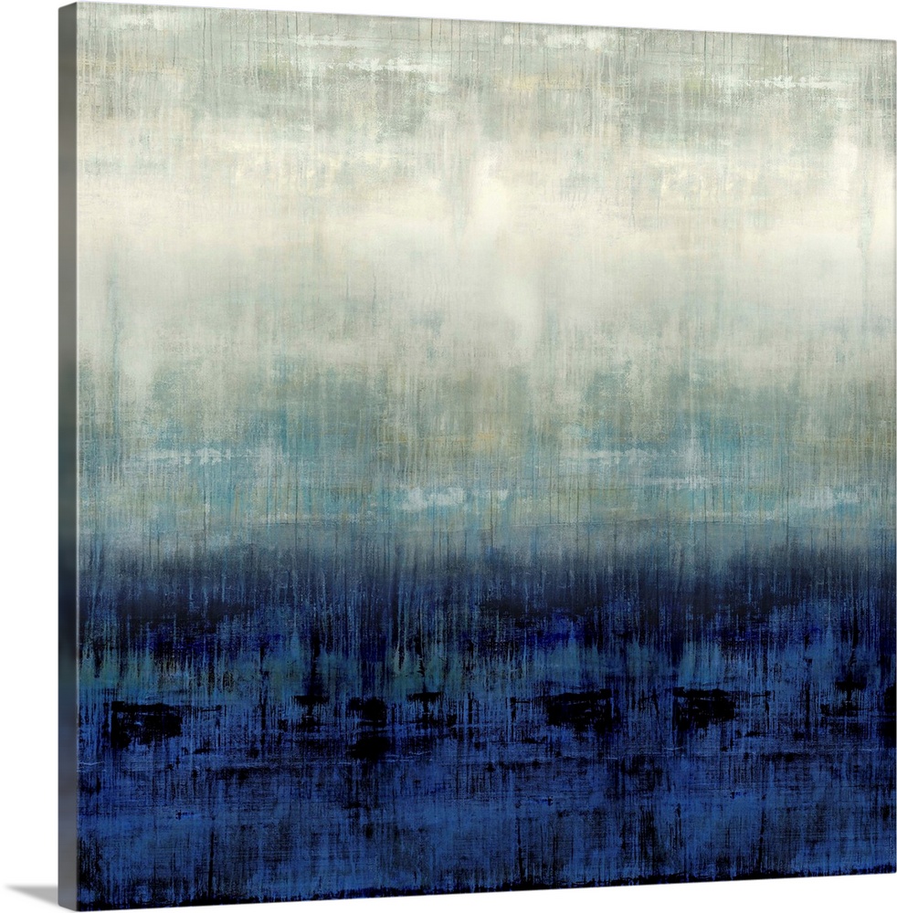 Square abstract painting in shades of blue, gray, and white.