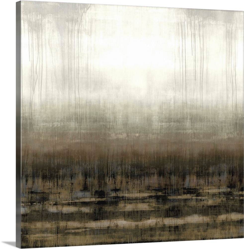Square abstract painting in shades of gray, brown, and white.