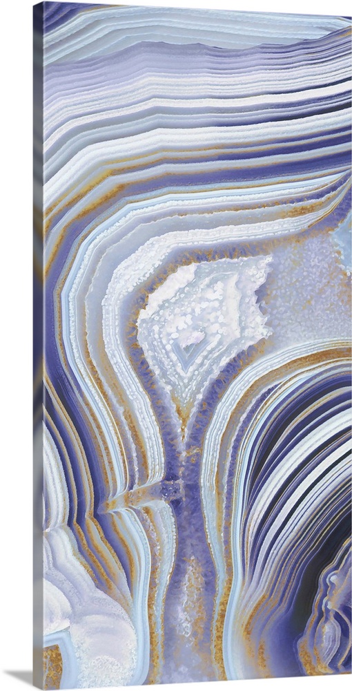 Tall panel abstract art with a purple, gold, silver, and white agate pattern.