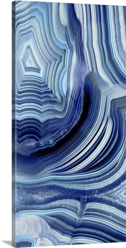 Tall panel abstract art with an agate pattern in shades of blue and gray.