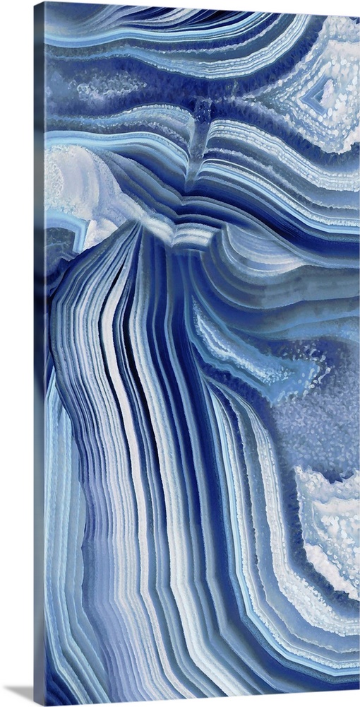 Tall panel abstract art with an agate pattern in shades of blue and gray.
