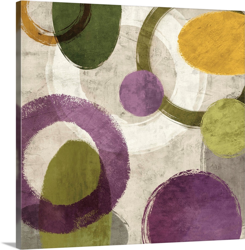 Square abstract art created with green, gold, purple, white, and gray different styled circles on a light gray background.