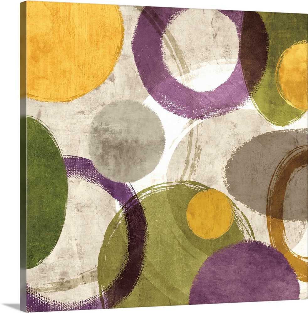 Square abstract art created with green, gold, purple, white, and gray different styled circles on a light gray background.