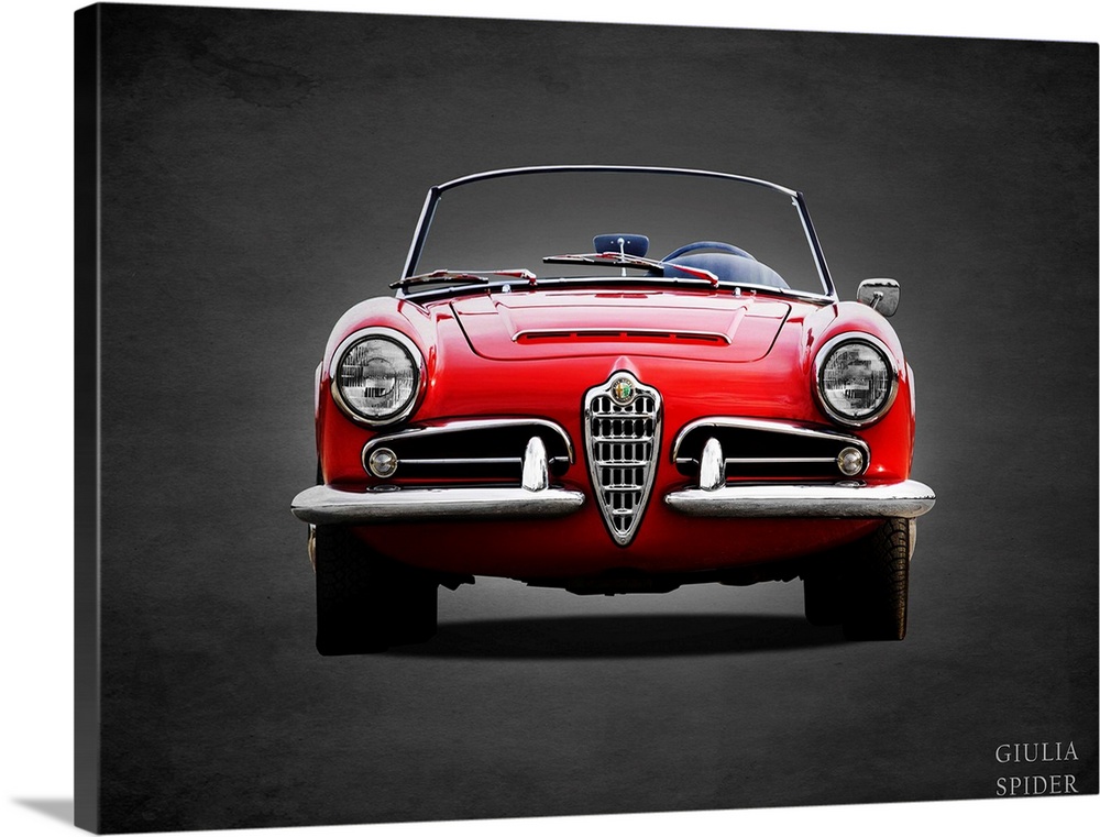 Photograph of a red 1964 Alfa Giulia 1600 Spider printed on a black background with a dark vignette.