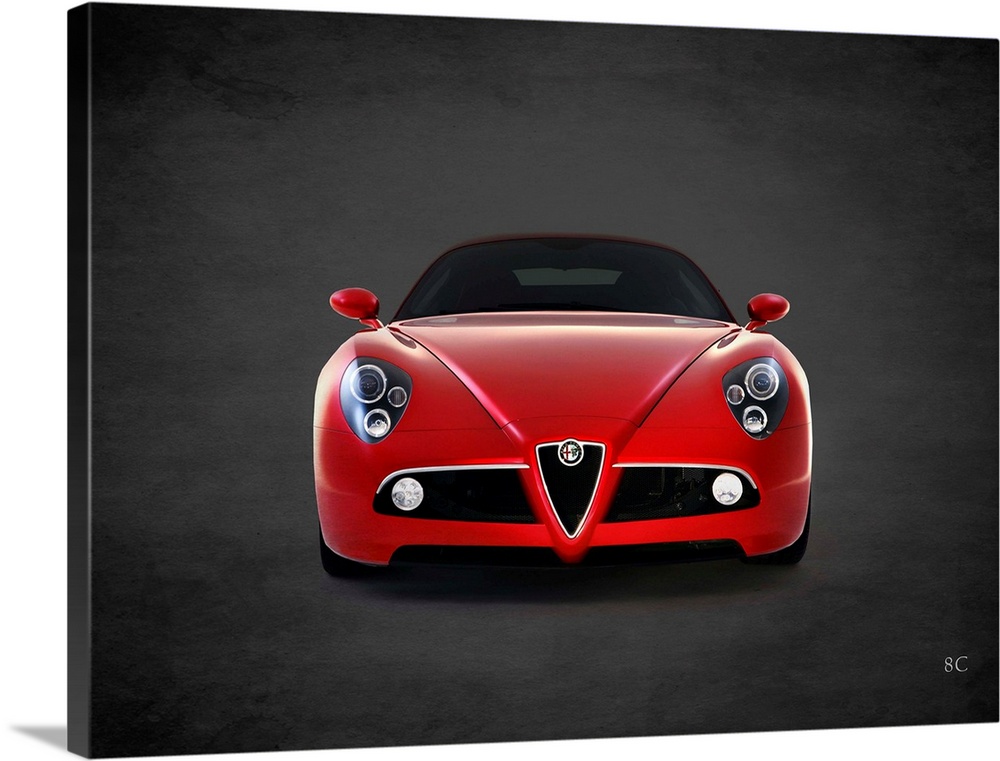 Photograph of a red 2008 Alfa Romeo 8C printed on a black background with a dark vignette.