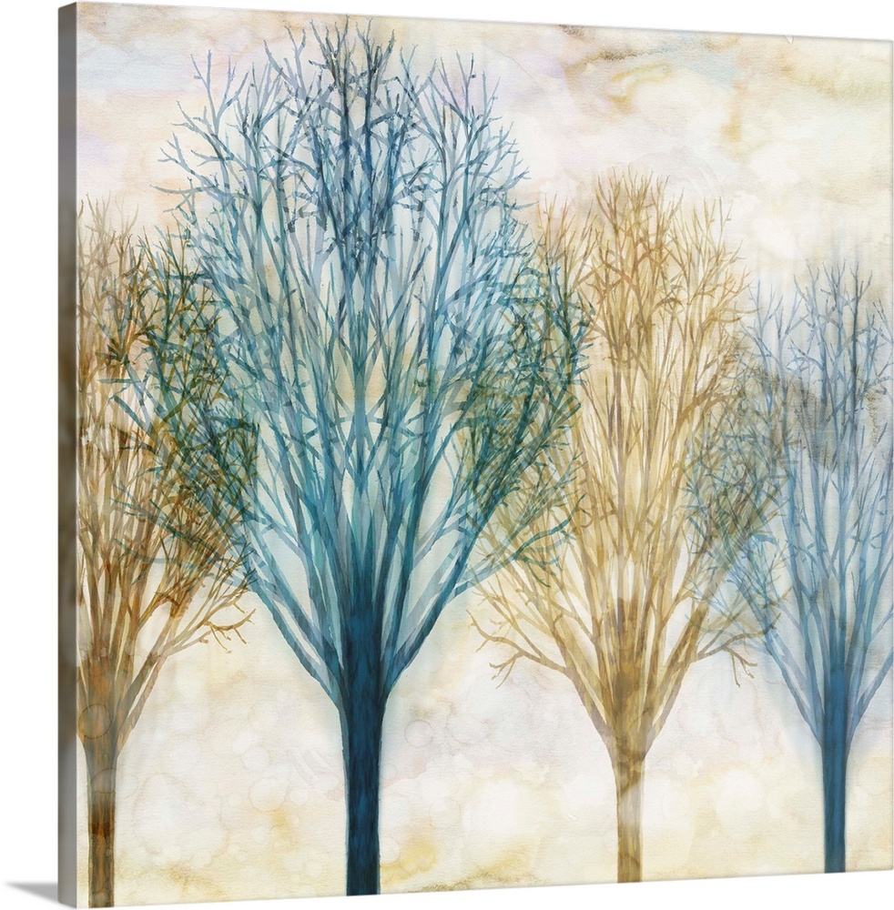 Square artwork with Winter trees in blue and brown hues with a foggy sepia toned background.