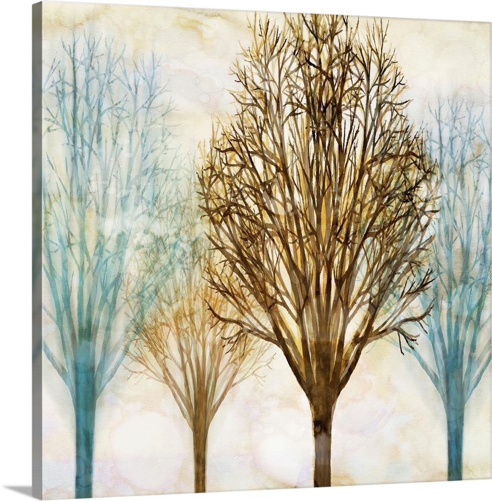 Square artwork with Winter trees in blue and brown hues with a foggy sepia toned background.