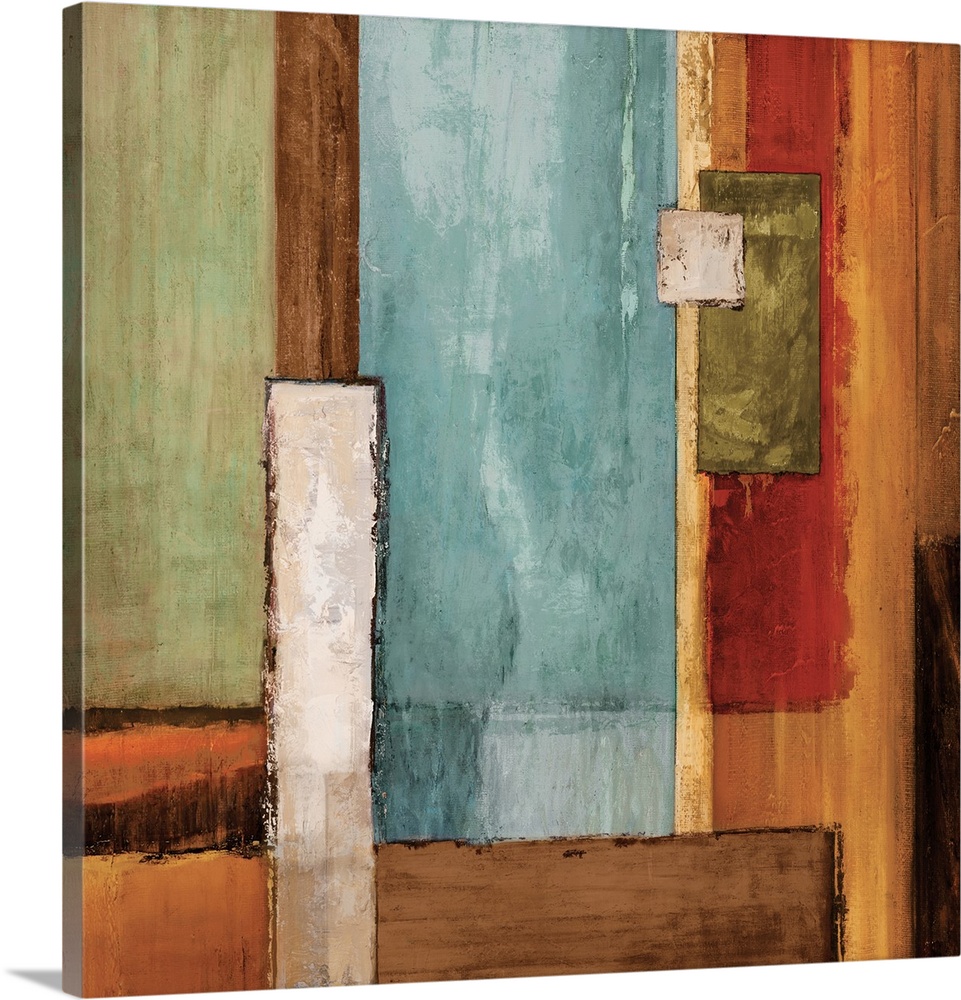 Square abstract painting created with colorful geometric rectangles fitted together.