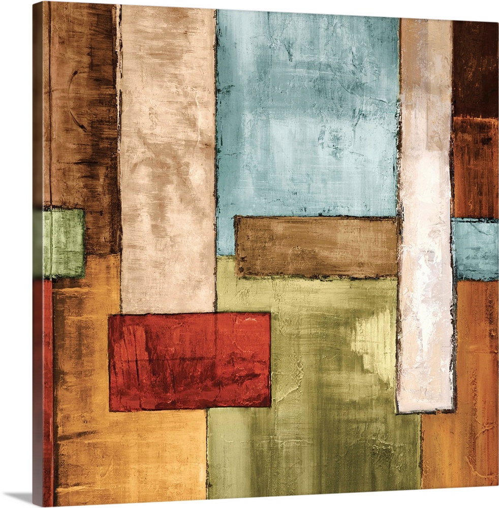 Square abstract painting created with colorful geometric rectangles fitted together.