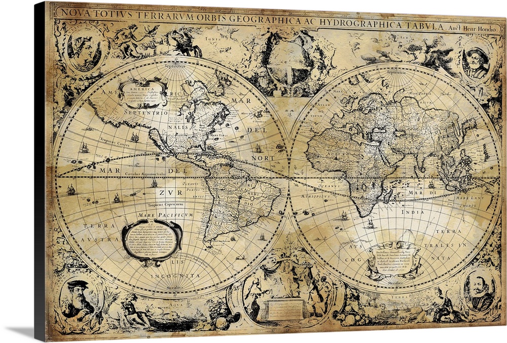 Antique map of the world separated into two hemispheres.