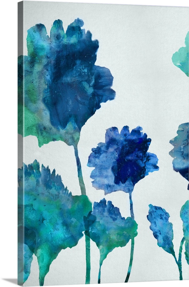 Painting of floral silhouettes in shades of blue and green on a bright white-gray background.