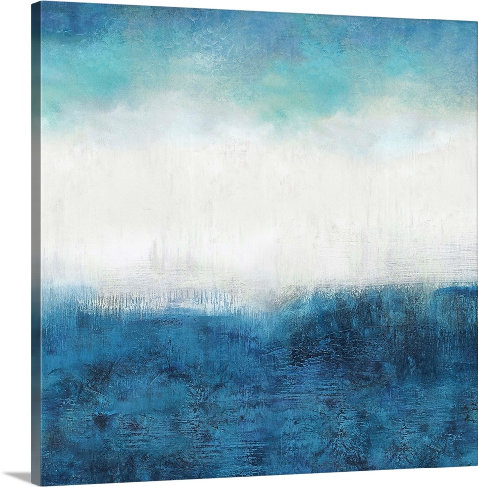 Square abstract painting made with shades of blue and white.