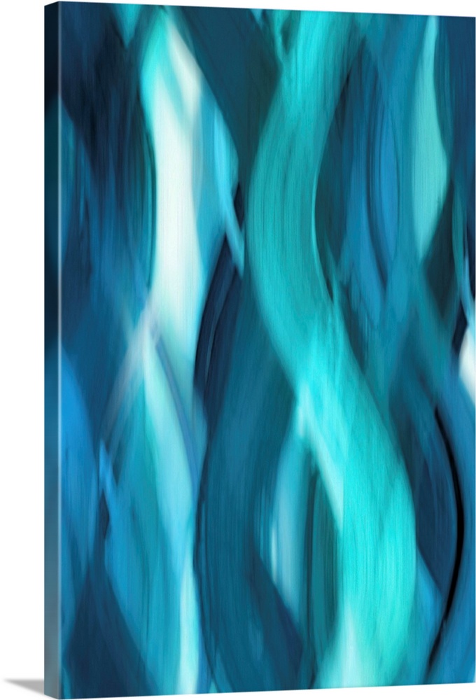 Abstract art with blurred, wavy ribbons running vertically along the canvas from top to bottom in shades of blue.