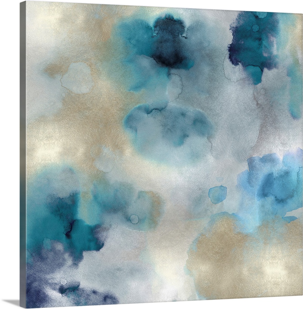 Contemporary abstract artwork features in blue, gold and white drips with foil texture throughout.