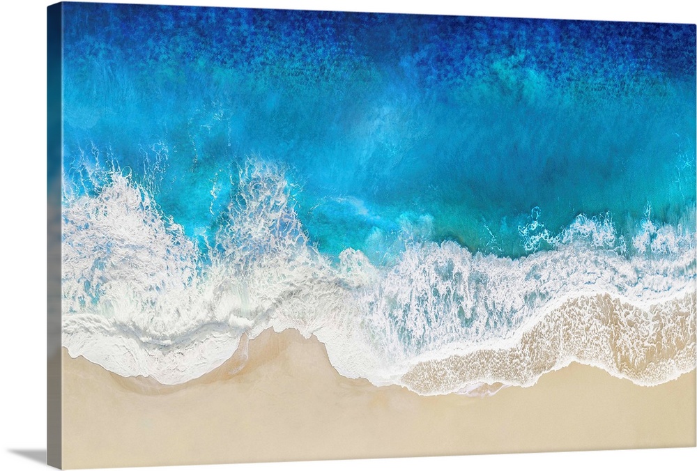 One artwork in a series of aerial shots of a beach as blue waves break upon the shore.