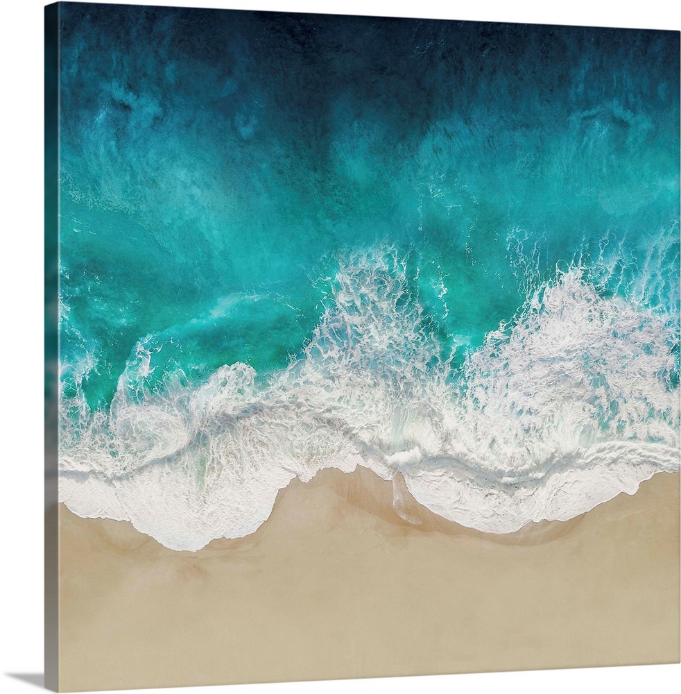 One artwork in a series of aerial shots of a beach as vibrant blue waves break upon the shore.