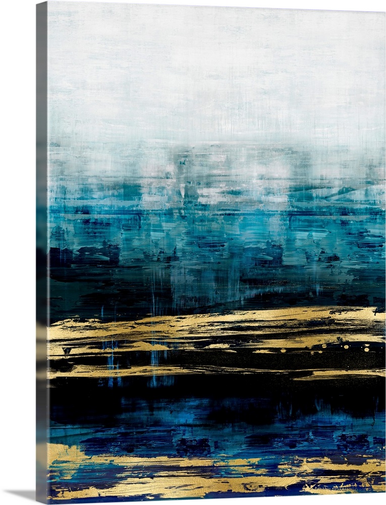 Contemporary artwork featuring bold gold brush strokes over shades of blue and white distressed background.