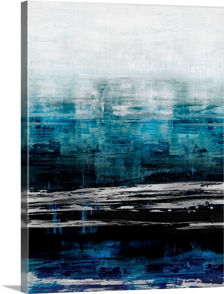 Contemporary artwork featuring bold silver brush strokes over shades of blue and white distressed background.