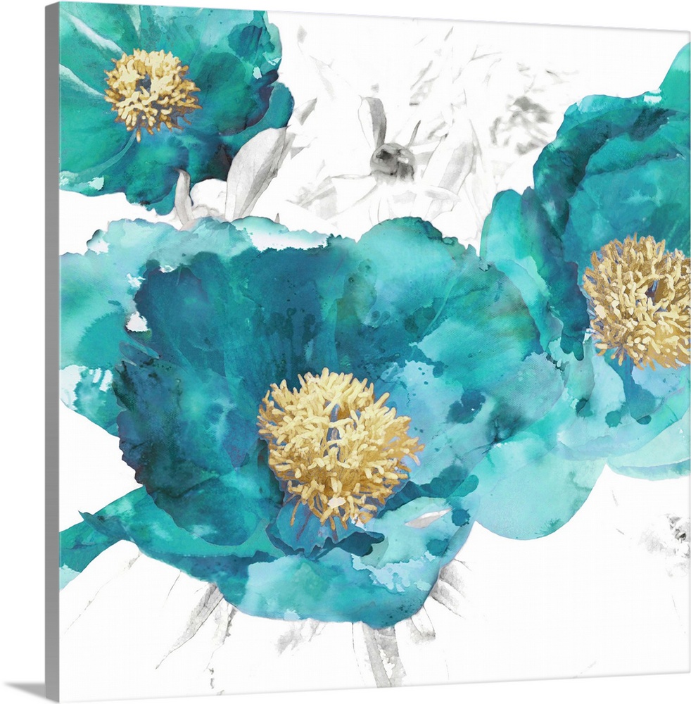 Square decor with aqua colored poppies with gold centers on a white background with light sketches.
