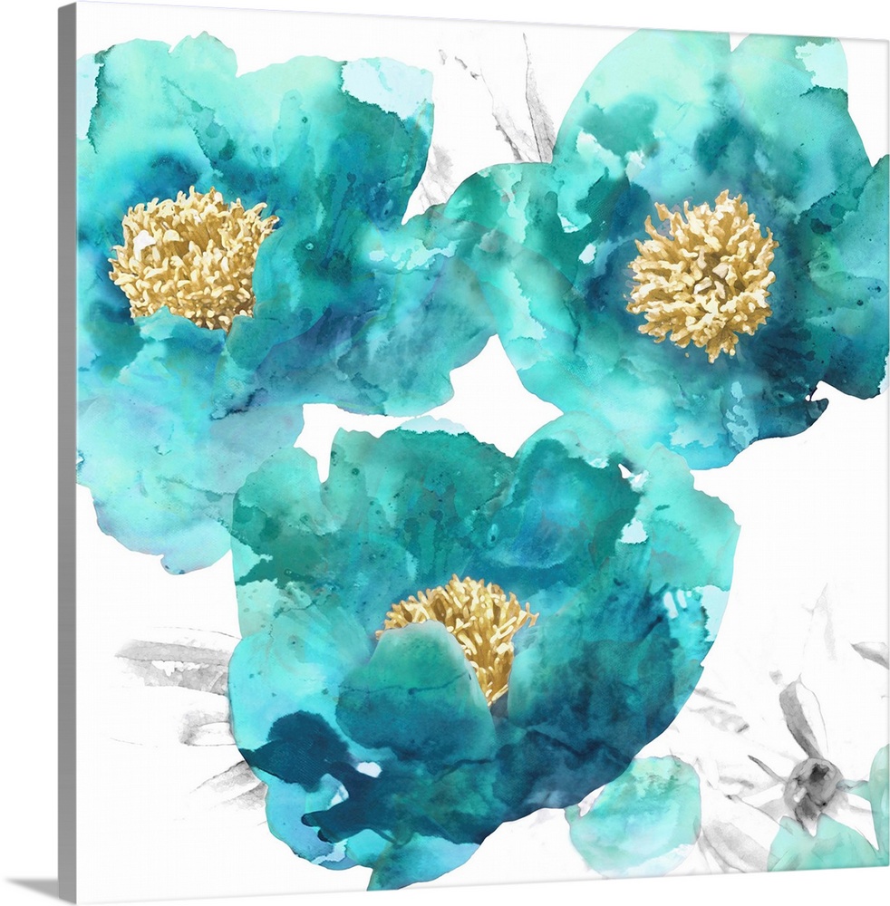 Square decor with aqua colored poppies with gold centers on a white background with light sketches.