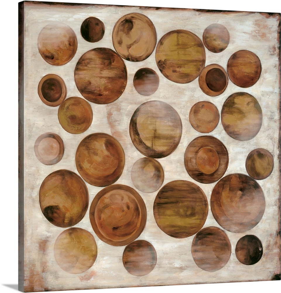 Square abstract painting with different sized geometric circular shapes in shades of brown on a distressed white background.