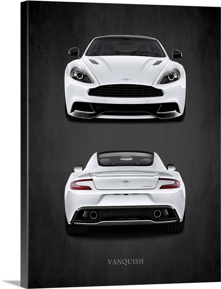 Photograph of a the front and back of a white Aston Martin Vanquish printed on a black background with a dark vignette.