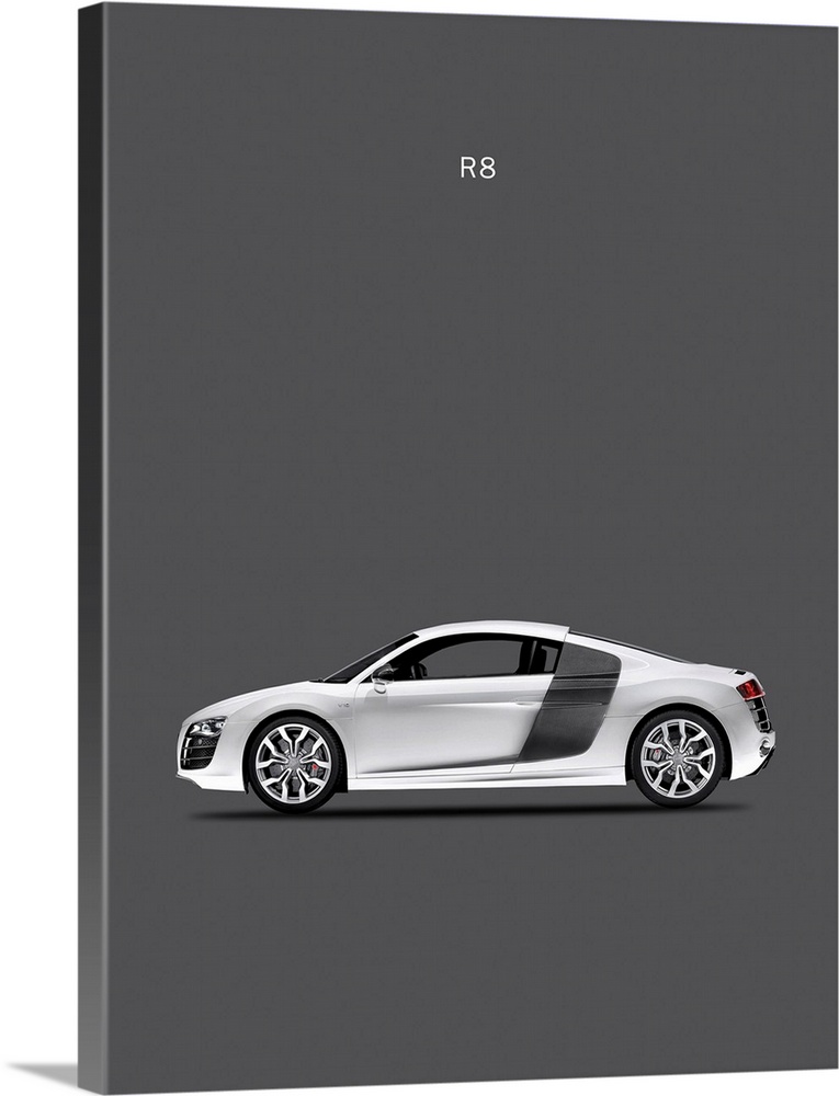 Photograph of a silver Audi R8 printed on a dark gray background